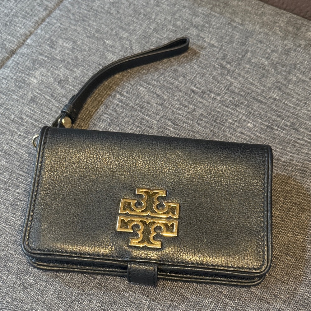 Tory Burch Black Leather Wristlet with Gold Emblem
